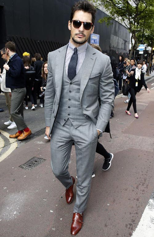 navy suit grey shoes