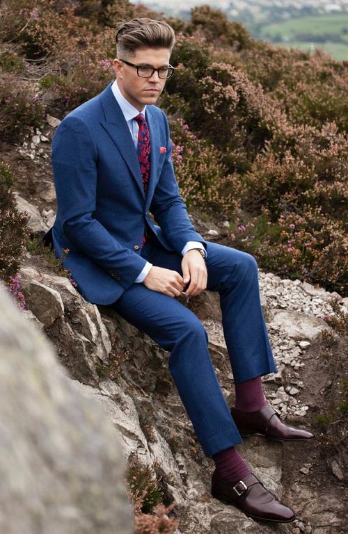 grey suit burgundy shoes