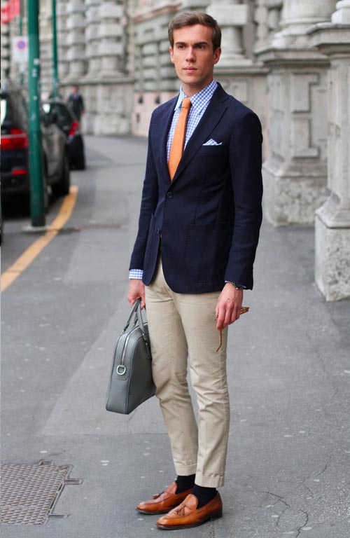 tan shoes with gray suit